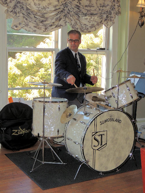 Steve Taddeo and full set of 1939 shiney white, Slingerland drums