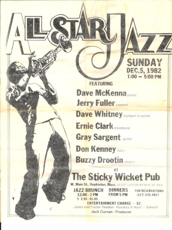 Wicket Poster, with names of Dave McKenna, Jerry Fuller, Dave Whitney, 
			Ernie Clark, Gray Sargent, Don Kenney, Buzzy Drootin