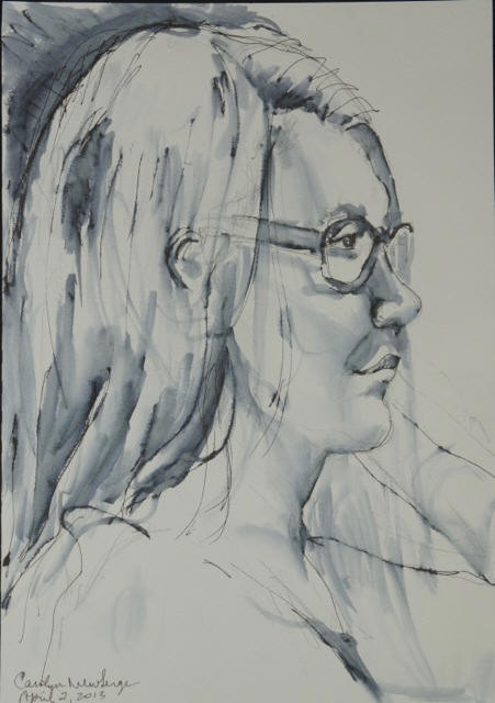 pencil sketch of Rebecca, with long hair and glasses