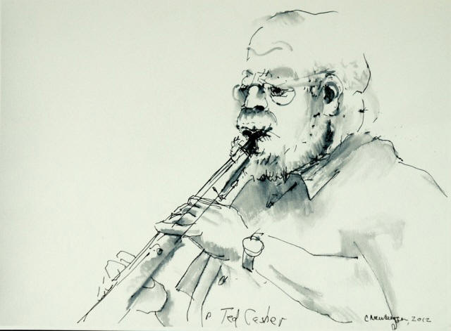 Sketch of Ted Casher playing soprano sax